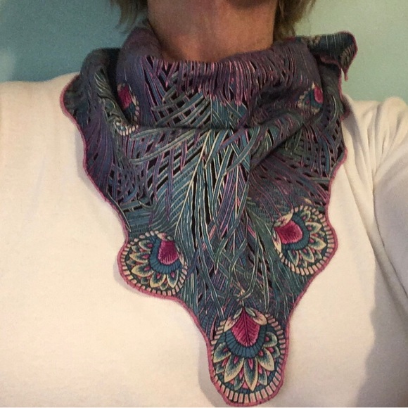 Vintage Accessories - Vintage Handmade Peacock Print Scarf